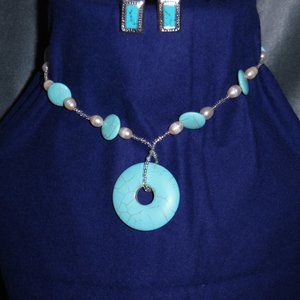Turquoise and Pearl Necklace and Earrings Set
